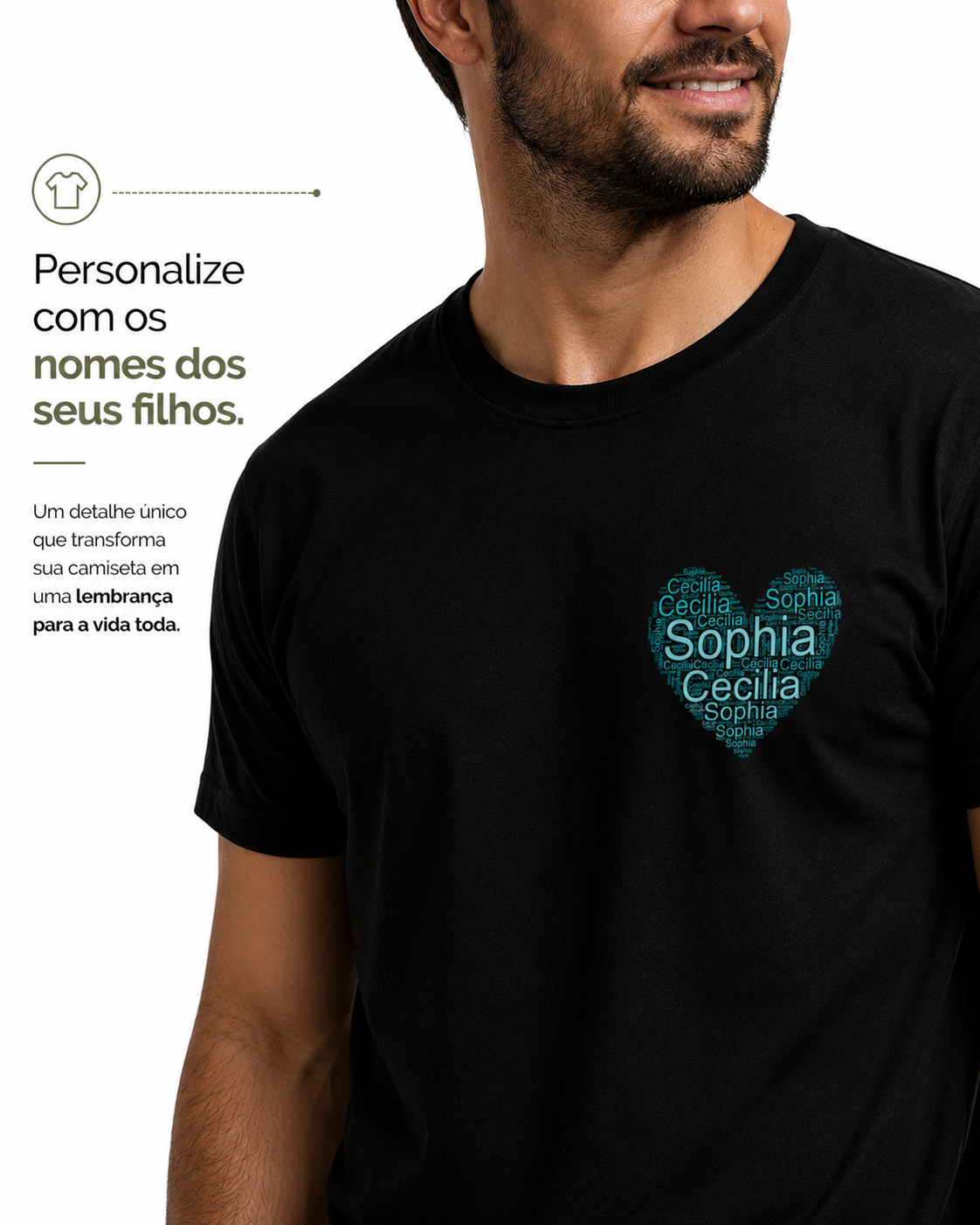 Camiseta personalizada coração com nome dos filhos