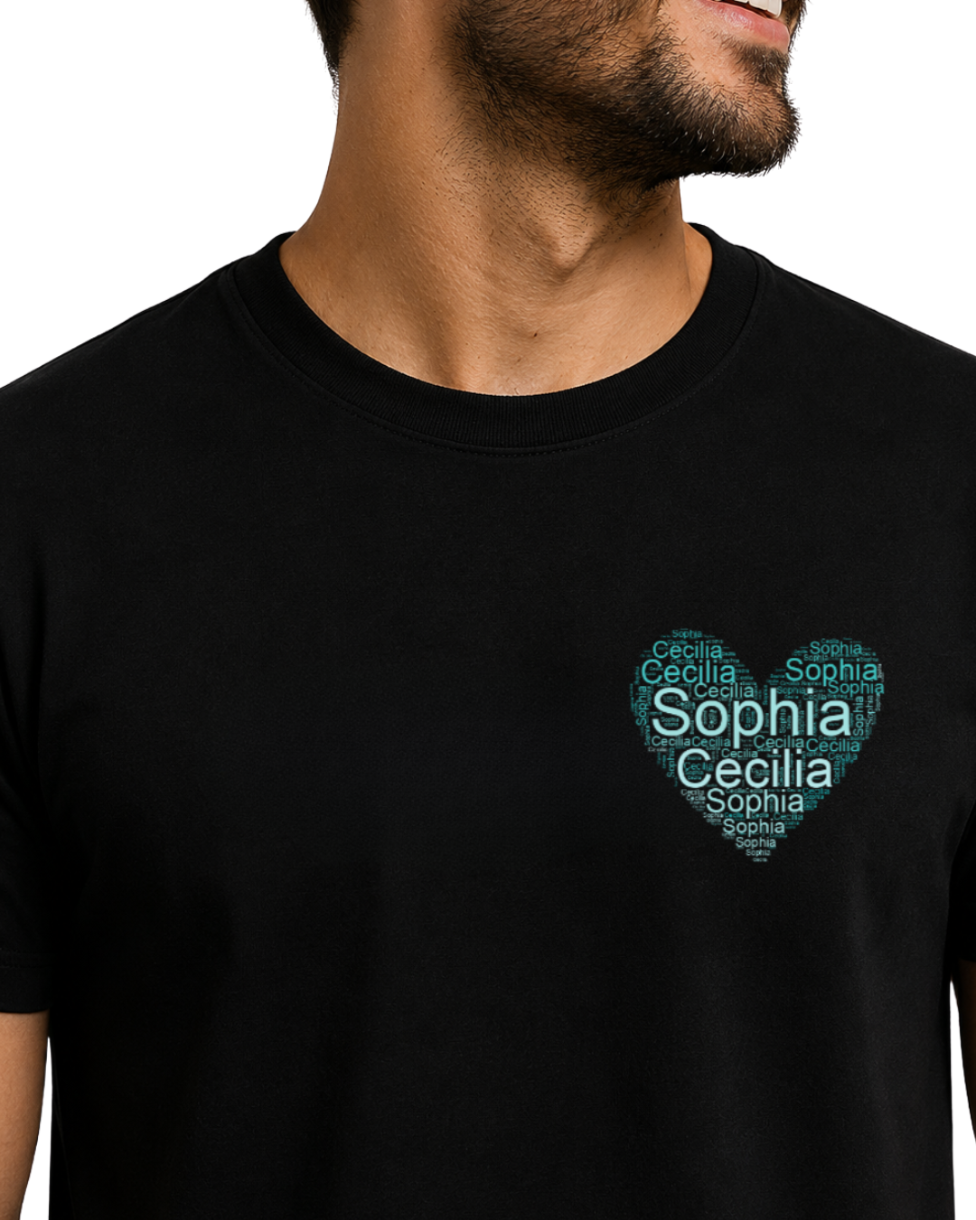 Camiseta personalizada coração com nome dos filhos