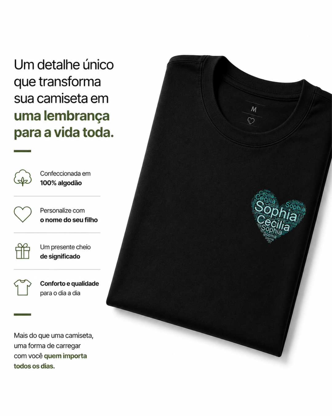 Camiseta personalizada coração com nome dos filhos